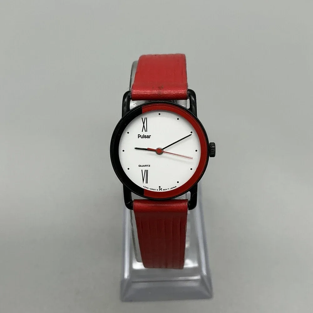 Pulsar V233-0100 Womens Watch 23mm White Dial Red Leather Quartz New Battery